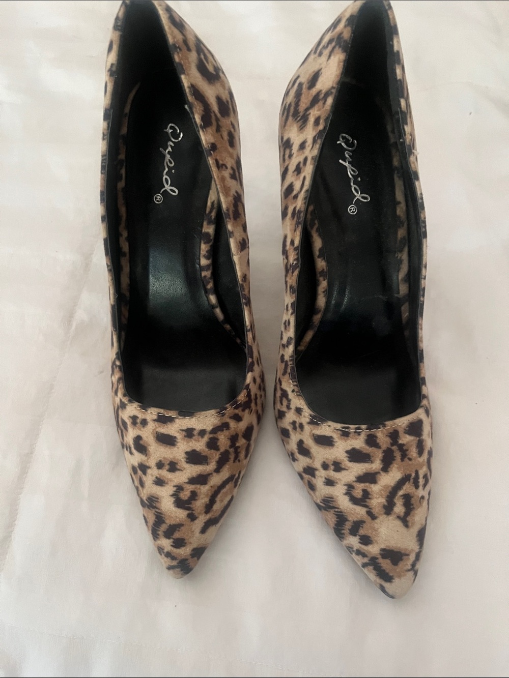 Qupid Leopard Print Pointed Toe Heels in Tan and Black